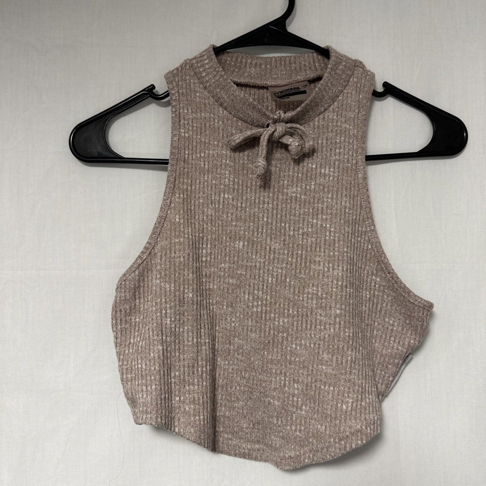 GYMSHARK Slounge High Crew Neck Ribbed Cropped Tank Top Size Small Beige Logo
